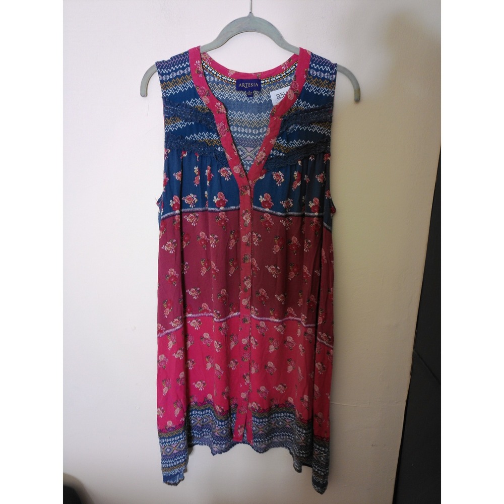 Artesia Tunic Top Womens Large Blue Pink Floral Boho Crochet Sleeveless